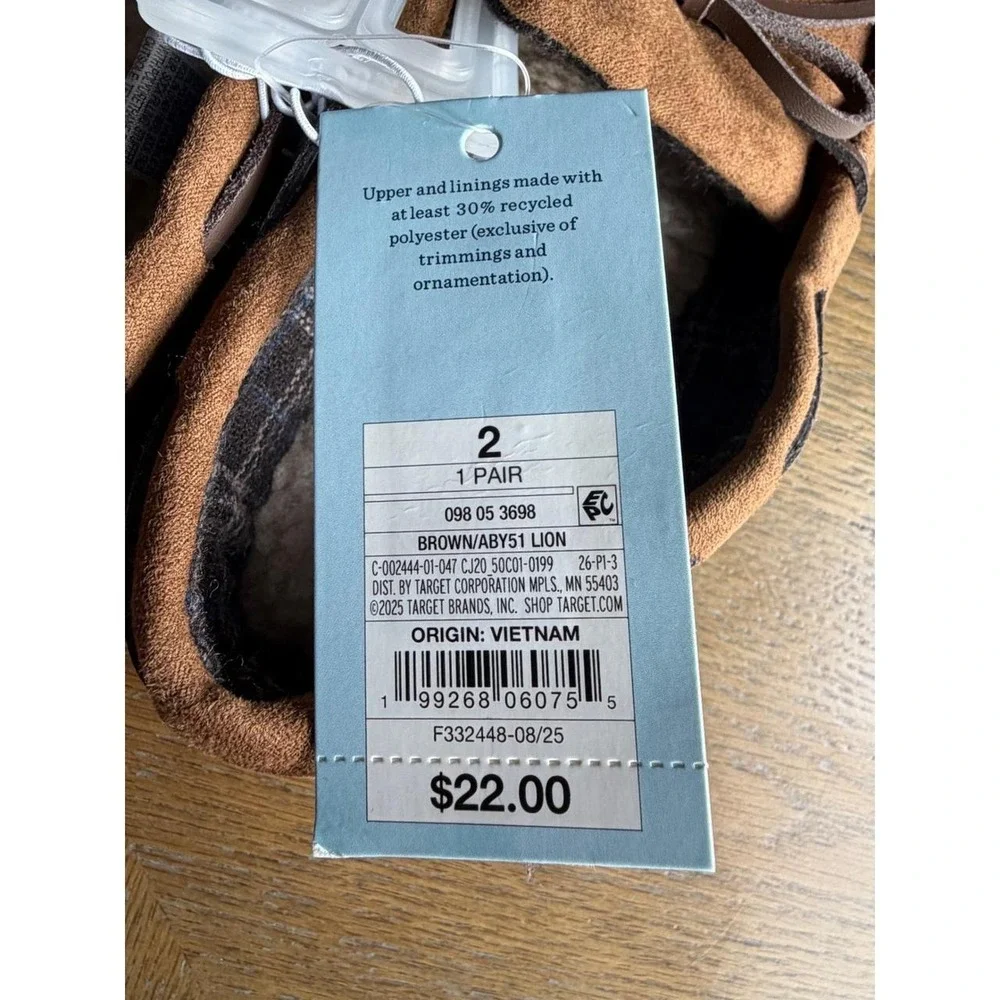 Cat & Jack Kids Lion Brown Faux Suede Moccasin Slippers Size 2 NWT